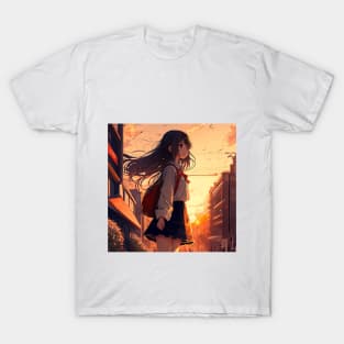 Magical Anime Sunset: Sailor Schoolgirl's Cityscape Journey T-Shirt